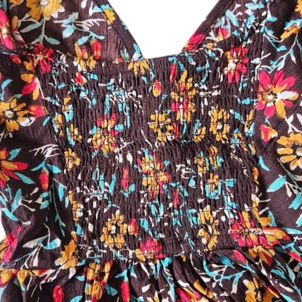 Band of the Free Brown Marigold Floral Print Mini Wrap Dress Smocked Ruffle XS - Picture 11 of 16